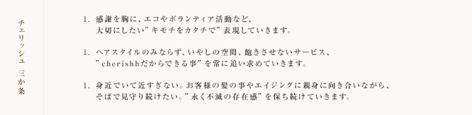 チェリッシュ 三か条： 1.感謝を胸に、エコやボランティア活動など、大切にしたい”キモチをカタチで”表現していきます。 1.ヘアスタイルのみならず、いやしの空間、飽きさせないサービス、”cherishhだからできる事”を常に追い求めていきます。 1.身近でいて近すぎない。お客様の髪の事やエイジングに親身に向き合いながら、そばで見守り続けたい。”永く不滅の存在感”を保ち続けていきます。